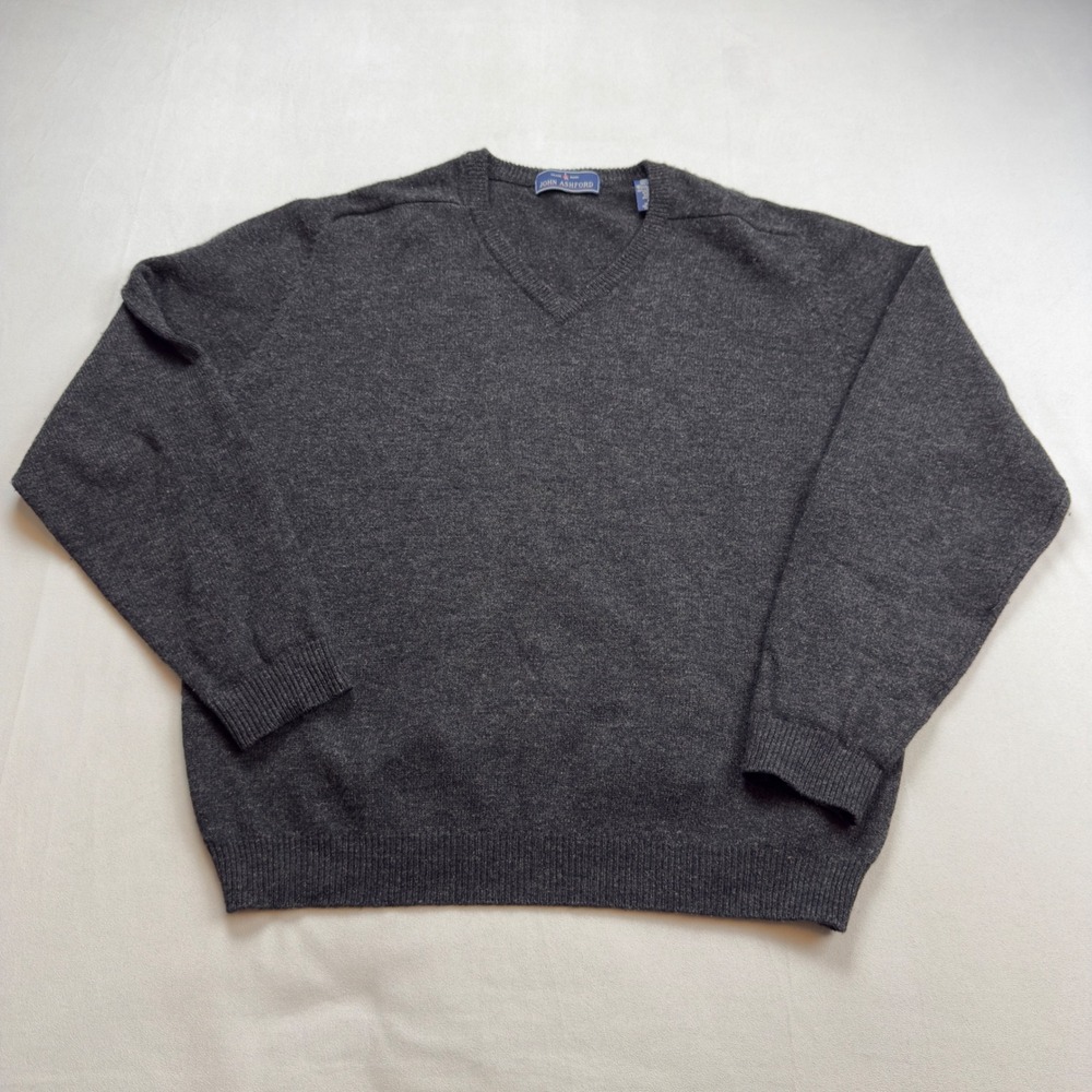JOHN ASHFORD Men's XL V-Neck 100% Pure New Wool Lambswool Sweater Dark Gray